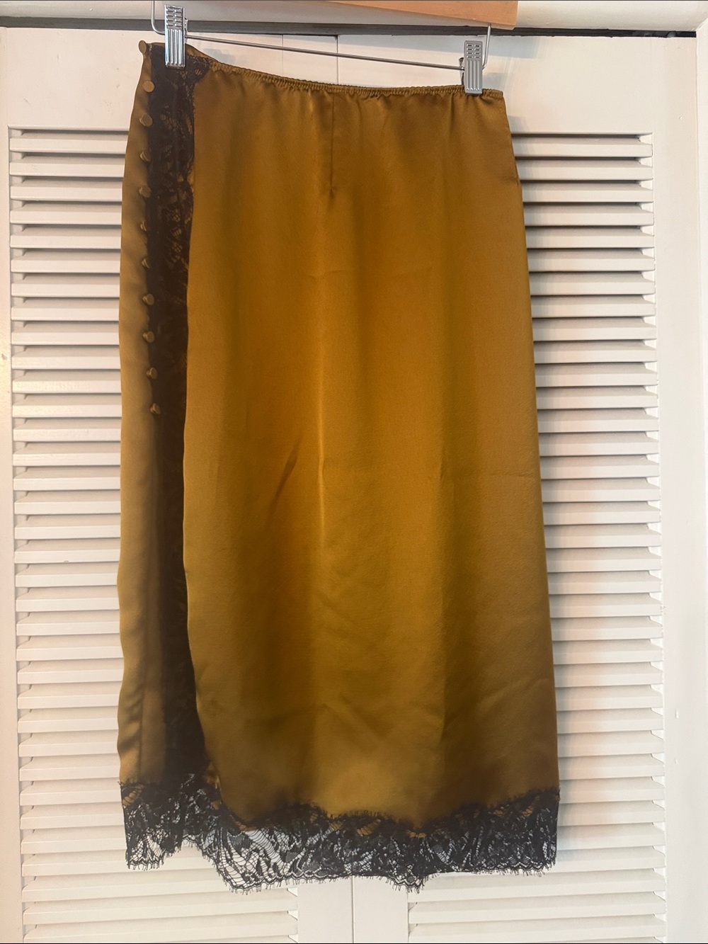 Victoria's Secret Olive Green Midi Slip Skirt with Black Lace Trim